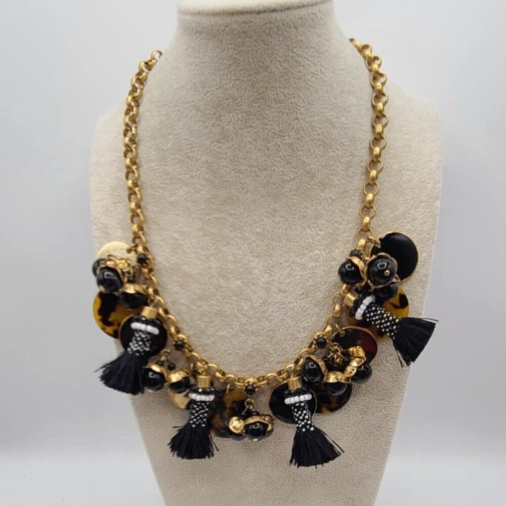 J Crew Black Tassel Gold Tone Disk Tortoise Charm Link Necklace